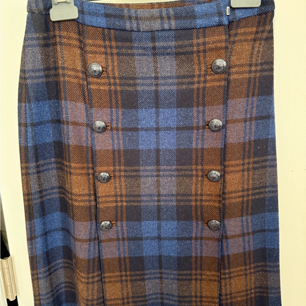 Brooks Brothers Blue and Brown Plaid Double-Button Midi Skirt